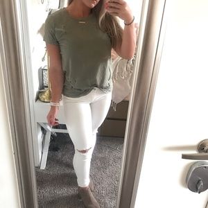 NORDSTROM Army Green Distressed T Shirt Top ~ Fall